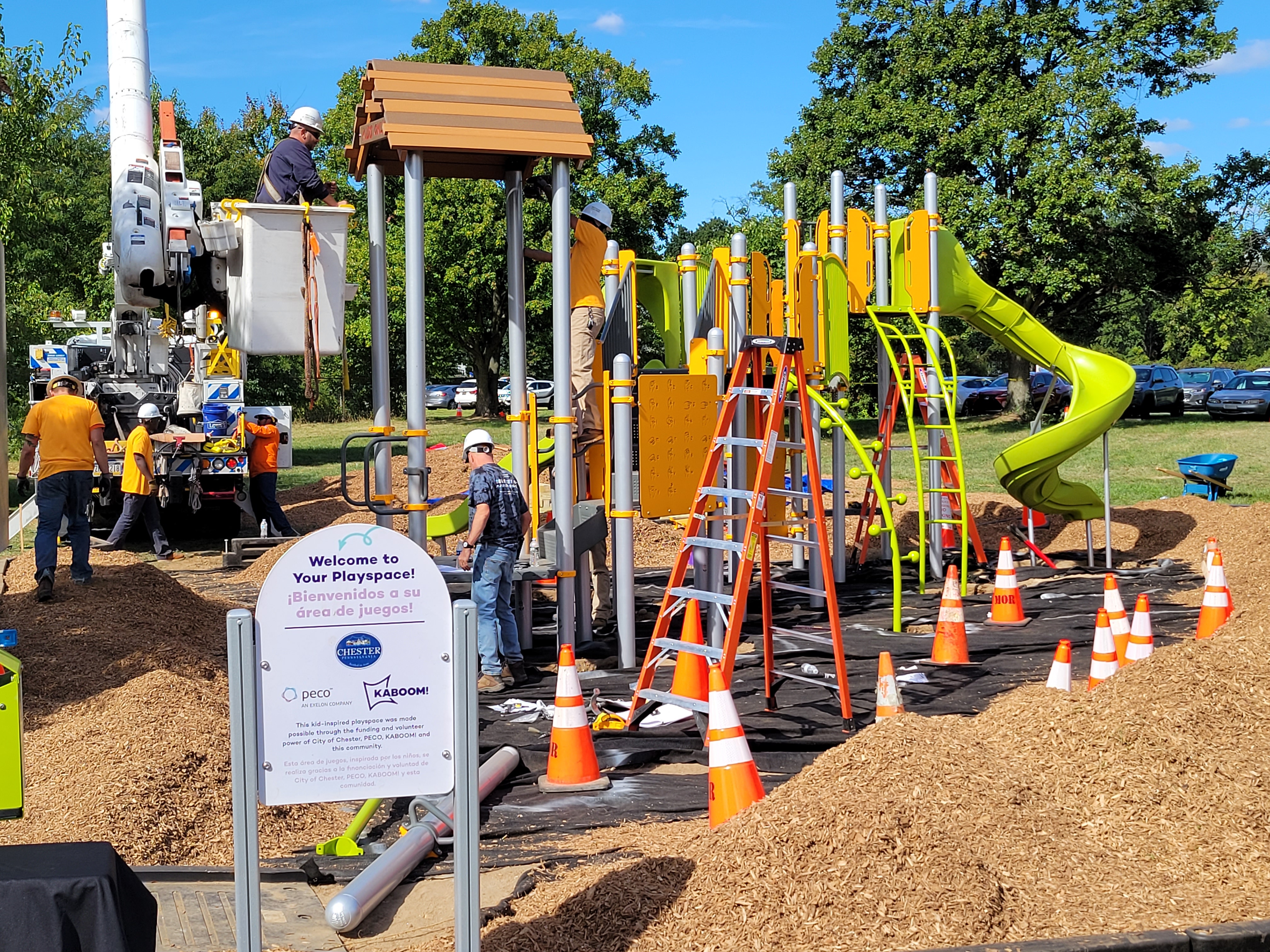 A new playground under construction, built with the help of Widener volunteers