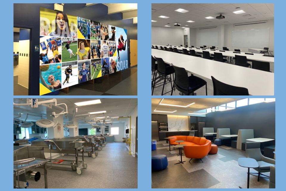 Four photo collage of campus renovations, including Academic Center North and Pride Recreation Center