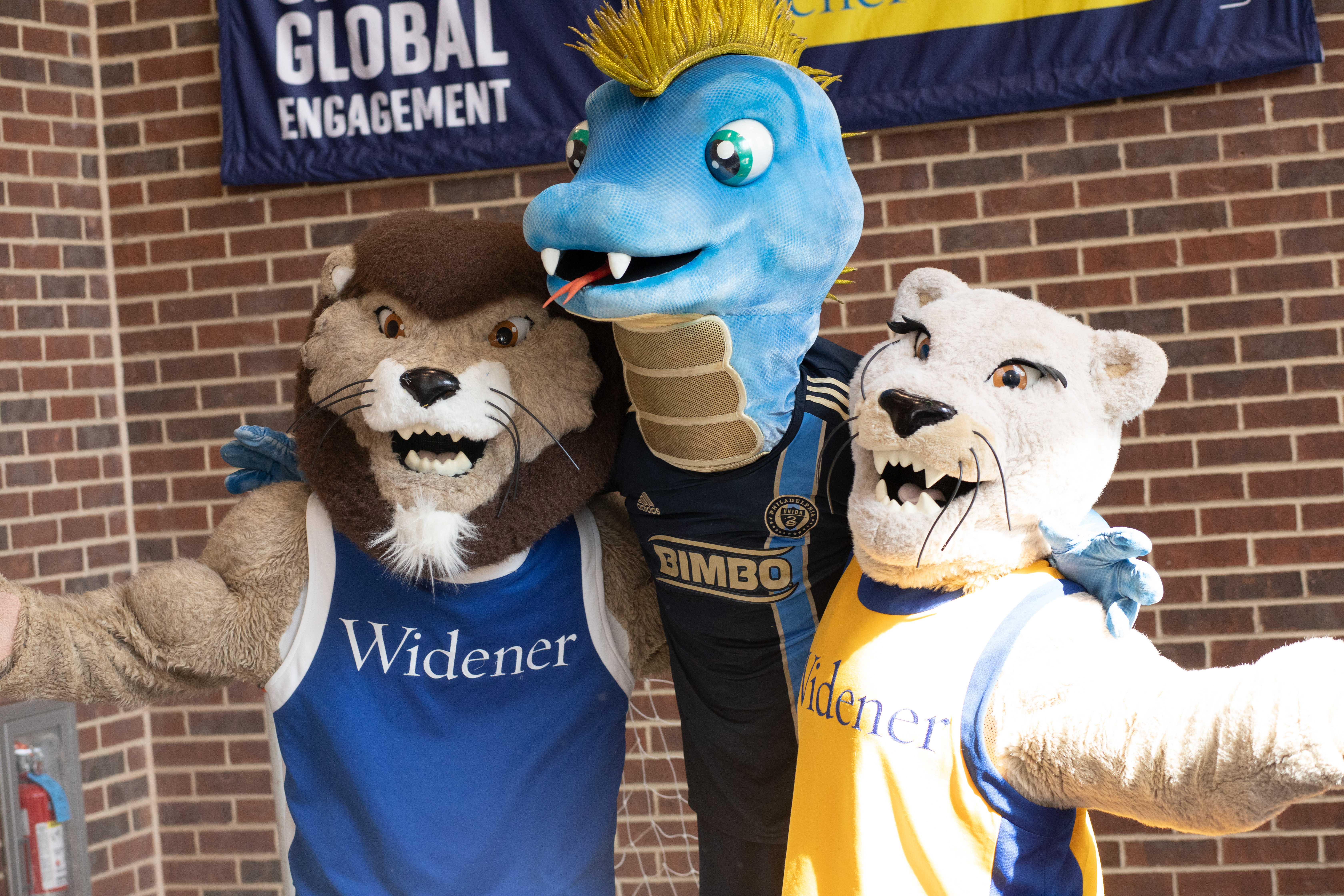 Widener and Philadelphia Union mascots Chester, Melrose, and Phang