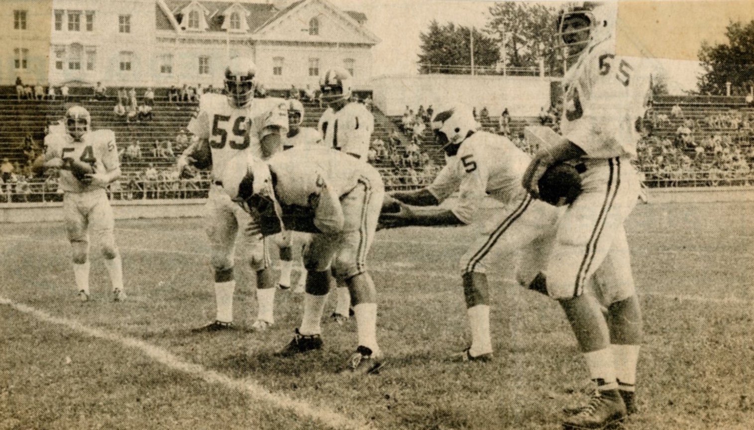 Newspaper photo of Eagles at training camp at Widener in the 1970s