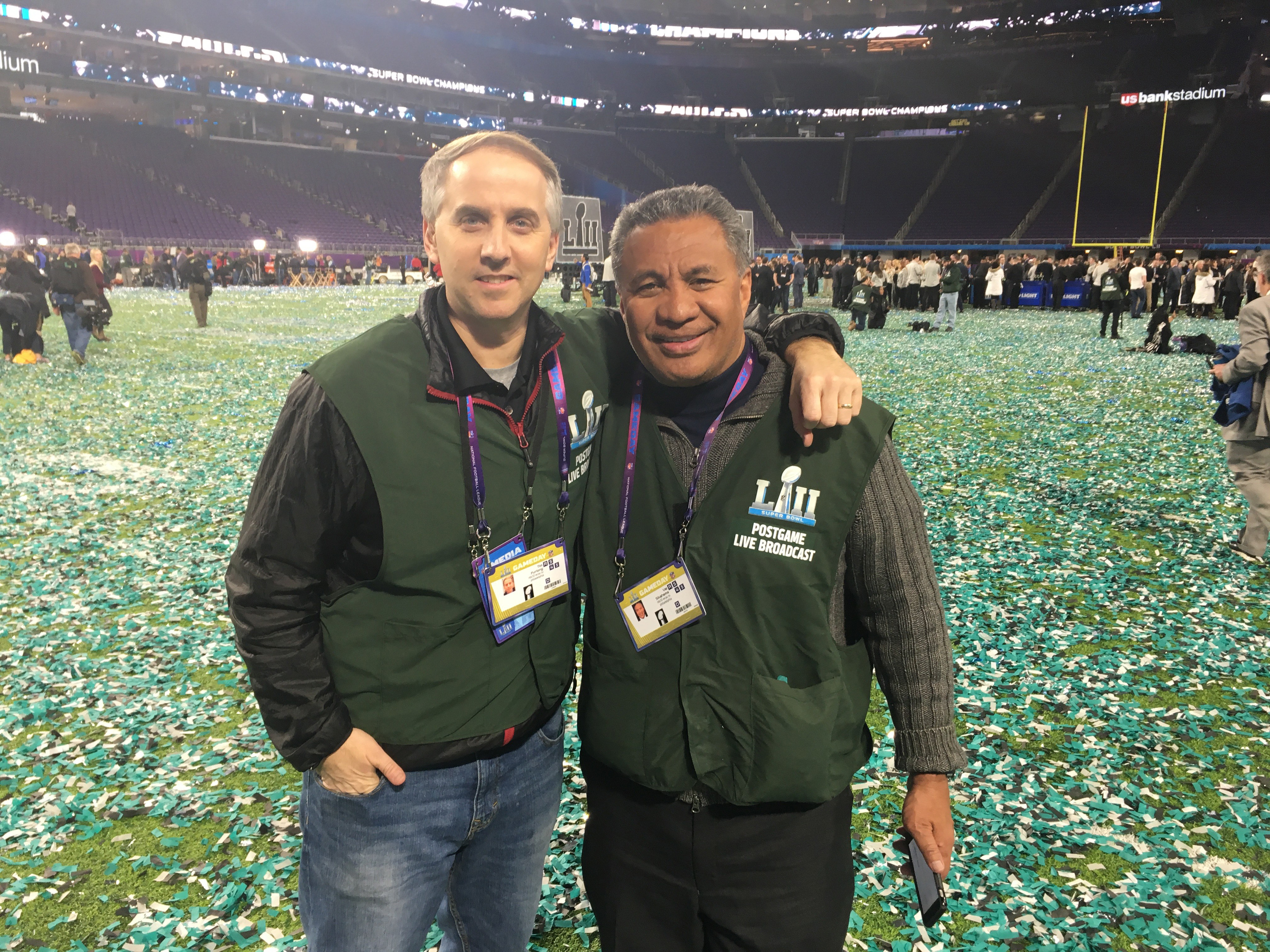 Widener instructor Tim Furlong with former Eagle and NBC10 anchor Vai Sikahema on the fired after Super Bowl 2018 