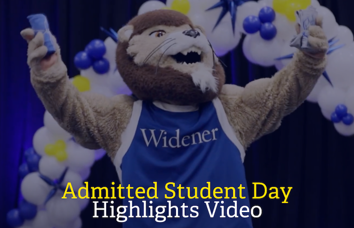 widener mascot celebrates admitted student day with balloons -- text reads Admitted Student Day Highlights Video