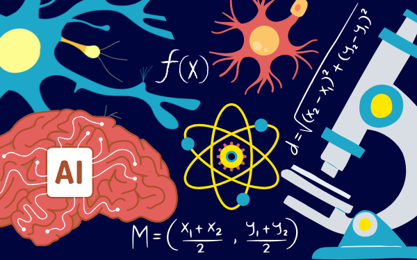 graphic depicting science disciplines biology chemistry psychology technology math 