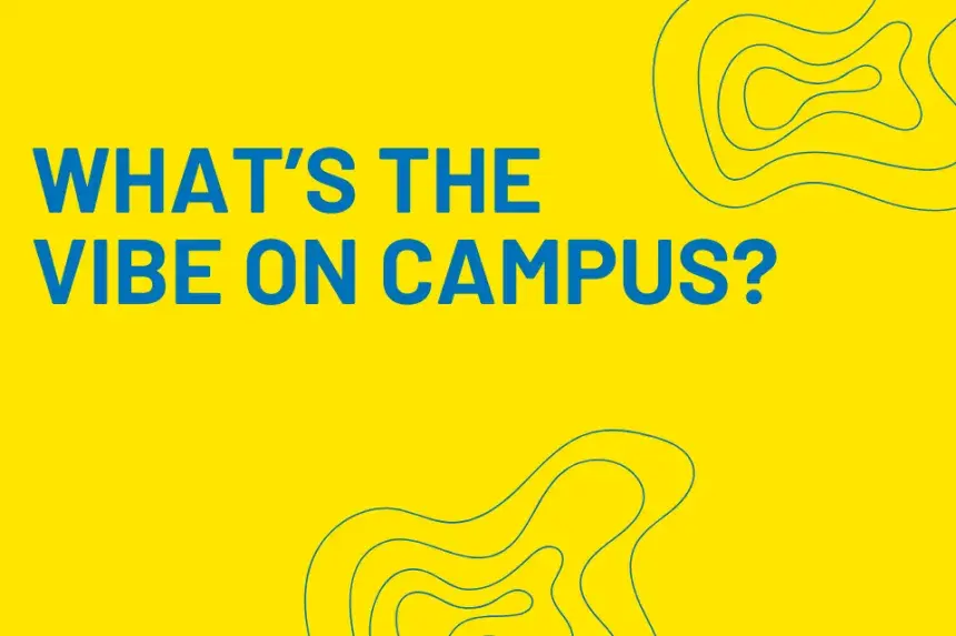 Royal blue text reads: "What's the vibe on campus?" on a yellow background.