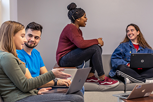 Students sitting in a lounge area on computers