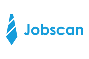 Jobscan logo blue with a graphic of a business tie