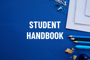 notebook and pencils with the words Student Handbook