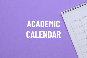 purple background text reads Academic Calendar with image of blank paper calendar