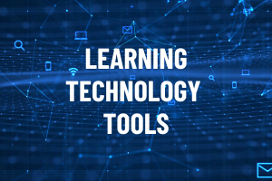 dark background with icons of emails, computers and other digital tools with text that reads Learning Technology Tools