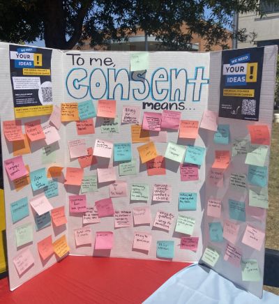 Poster board resting on a table with the title "To me, consent means..." and covered with notes