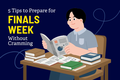 Title Text: 5 Tips to Prepare for Finals Week Without Cramming Pictured: Student studying with books