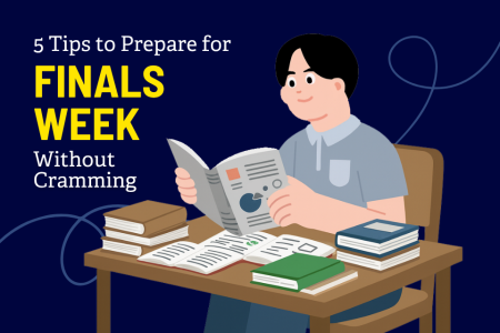 Title Text: 5 Tips to Prepare for Finals Week Without Cramming Pictured: Student studying with books