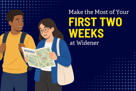 Two students stand together looking at a Widener University campus map with the headline "Make the Most of Your First Two Weeks at Widener."