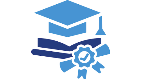 blue and navy graphic of a graduation cap and diploma