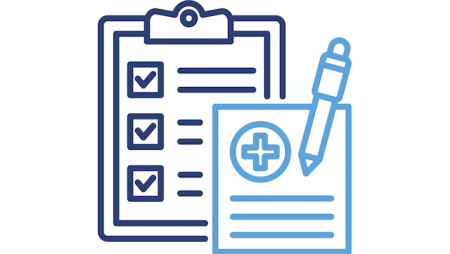 blue and navy graphic of a clipboard and paper form with pen
