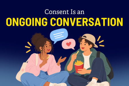 Illustration of two college students smiling and having a conversation while sharing a carton of French fries, with speech bubbles above them symbolizing open communication and respect.