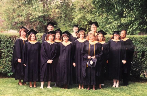 MSW Anniversary 960 members of the first class of MSW graduates in their caps and gowns