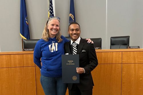 President for a Day 2023 960 x 640 Stacey Robertson and Vincent Starkey pose in Chester City Hall.